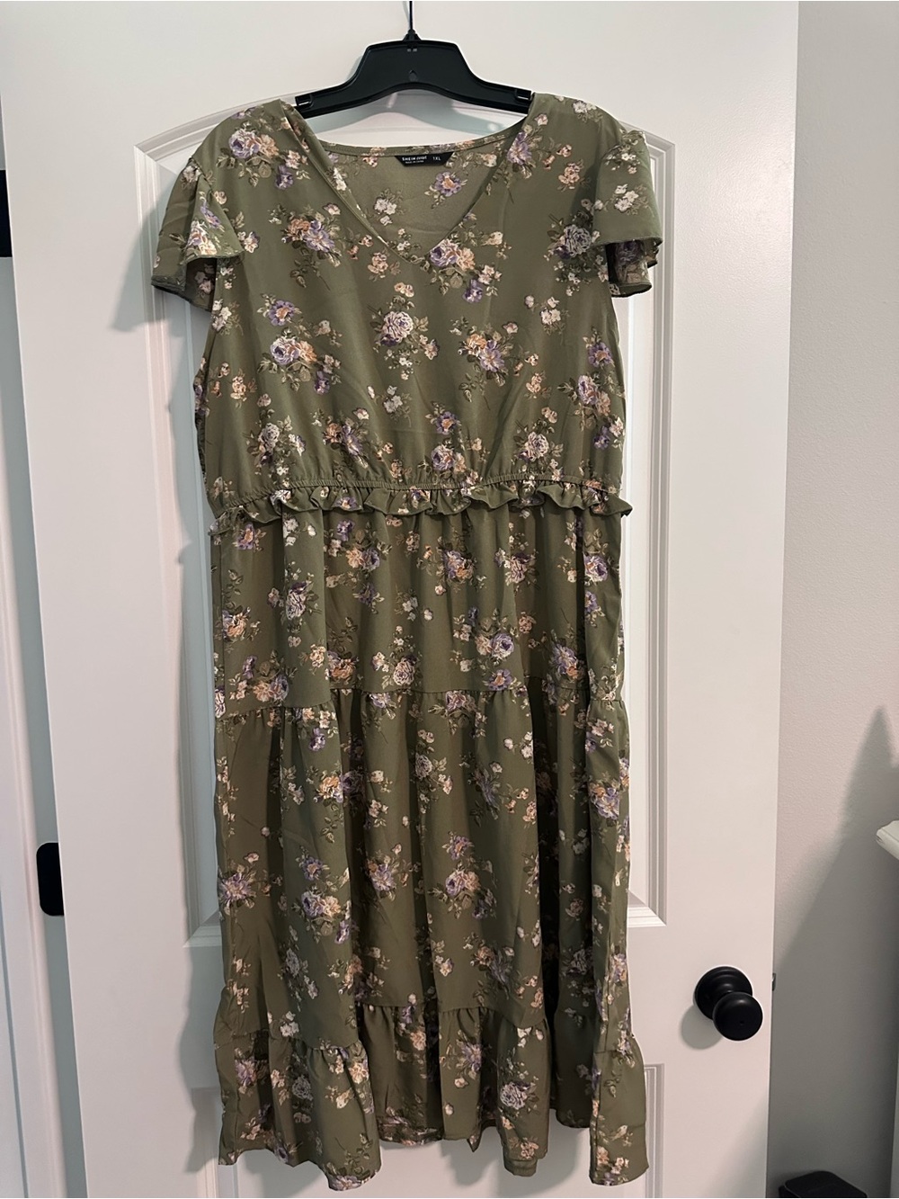 SHEIN Olive Green Floral V‑Neck Tiered Midi Dress